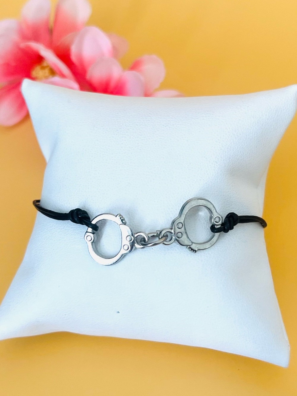 Stainless steel Handcuffs bracelet black leather